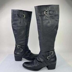 Matisse Women's Belted Black leather Tall Boots US 9.5 M Buckle OTK Zip Boots